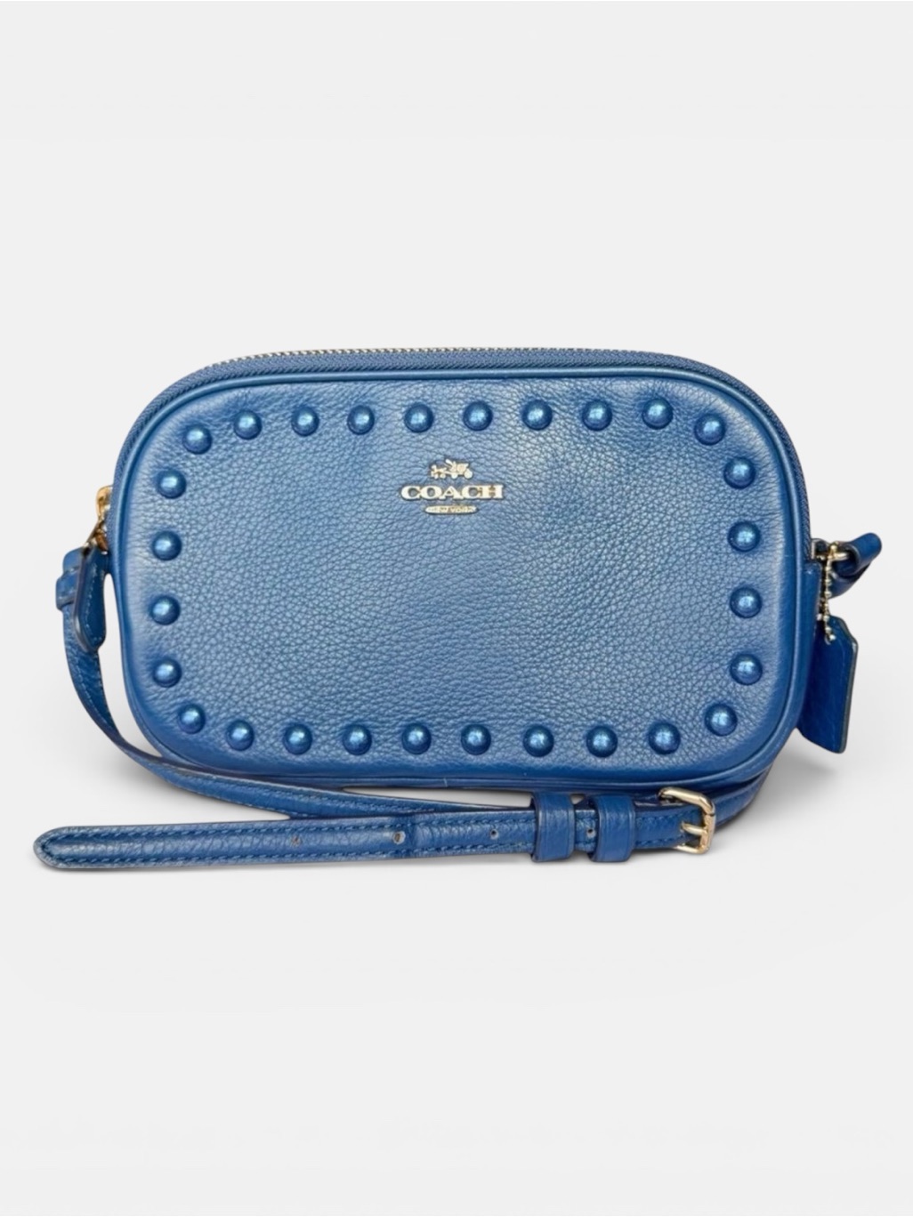 Coach Blue Leather Studded Camera Bag Crossbody Double Zip Compact Minimalist